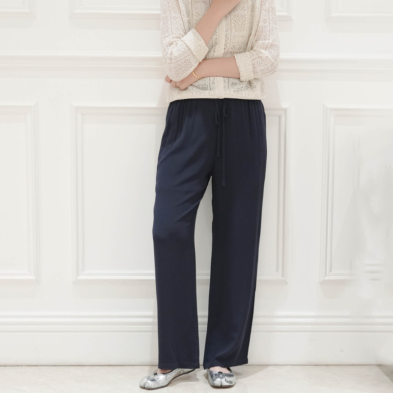Petite Navy Blue 23mm Heavy Crepe Silk Casual Straight-Leg Pants for Women, Summer 2026 New High-End Trousers Petite Navy Blue 23mm Heavy Crepe Silk Casual Straight-Leg Pants for Women, Summer 2026 New High-End Trousers