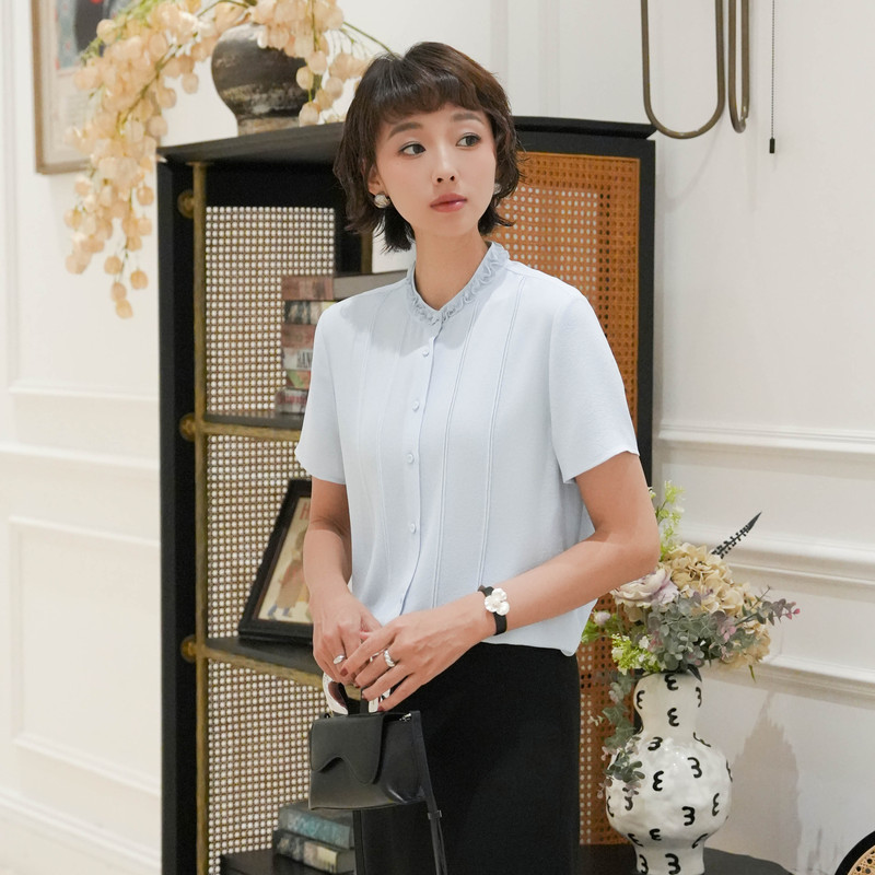 Petite Water Blue Ruffled Ghost Crepe Mulberry Silk Shirt 2026 Summer New Top M1C06356