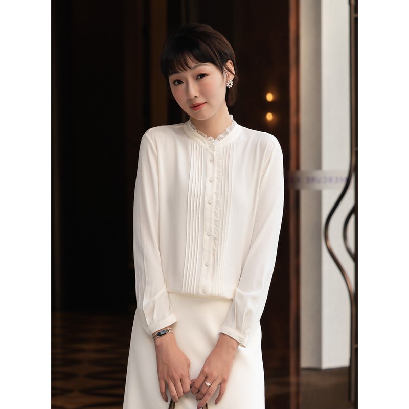 Chongmimi Apricot-Colored Ruffled Heavy Crepe Mulberry Silk Shirt 2026 Autumn Top M1C08544