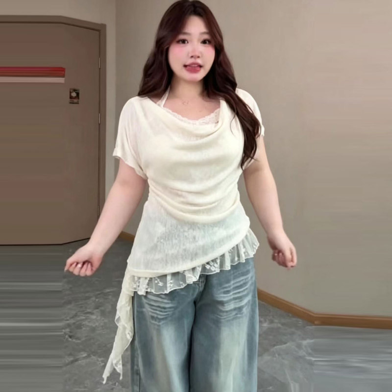 Plus-Size French-Style Gentle Lace Camisole Short-Sleeve T-Shirt Two-Piece Set for Women, Summer, for Chubby Women, Irregular Hem Top