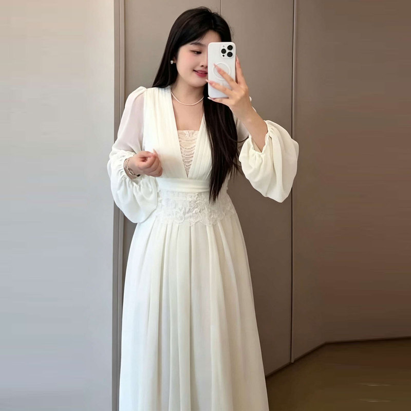 Plus-Size French-Style Gentle V-Neck Lace Dress for Women, Summer Mesh Long-Sleeve Waist-Cinching Slimming A-Line Long Dress