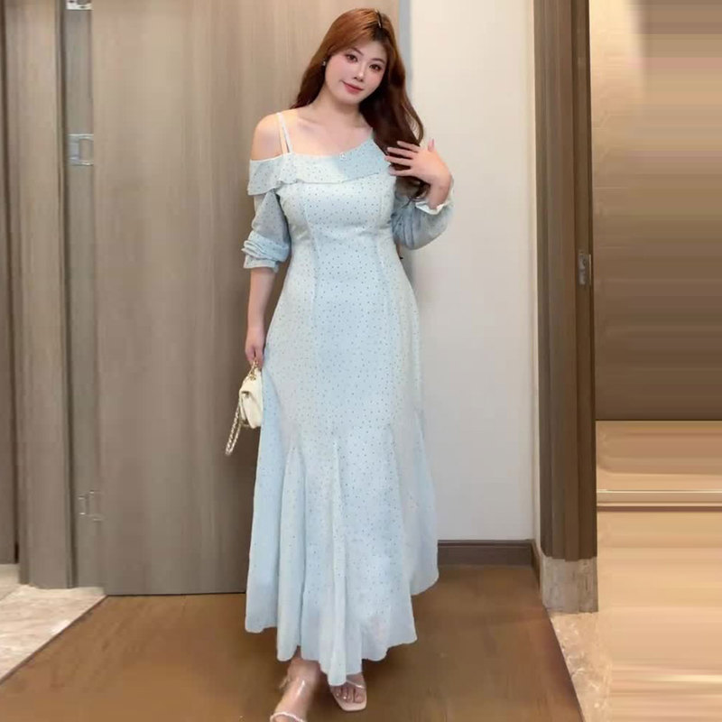Plus-Size Women's Heart-Shaped Polka Dot Dress 2026 Spring/Summer New Style for Chubby Women with Ruffled One-Shoulder Design, Slimming Chinese-Style Dress
