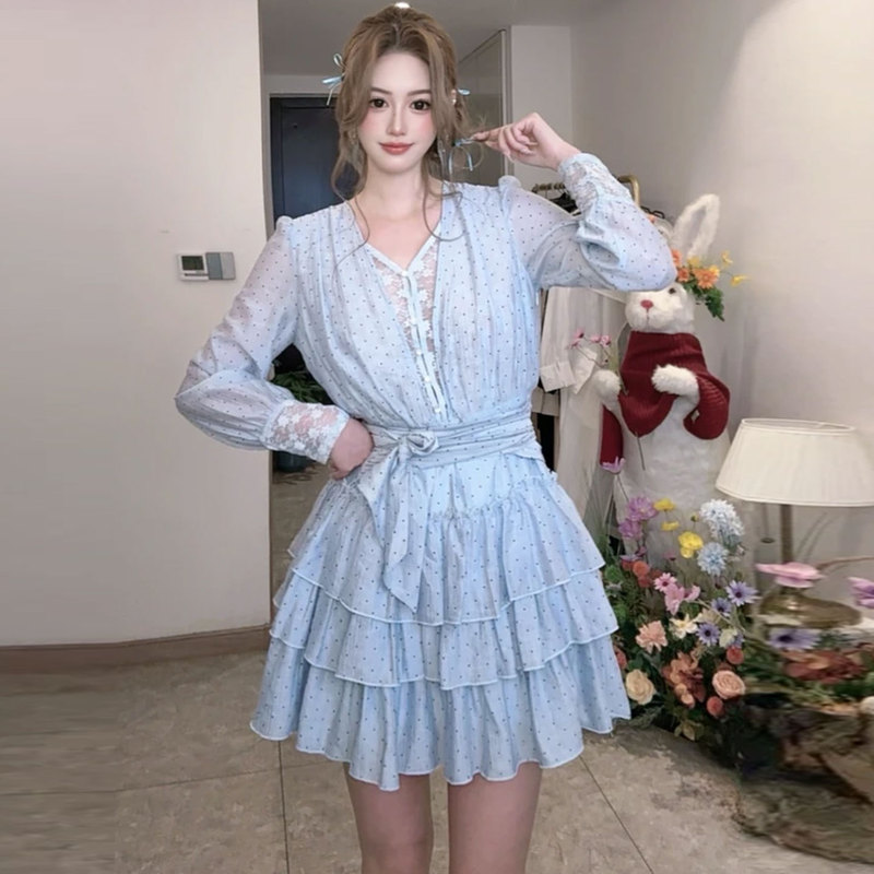 Plus Size Women's Clothing for Tall People, Lyocell Tencel Polka Dot V-Neck Long-Sleeved Dress, Summer Fat mm A-Line Cake Skirt