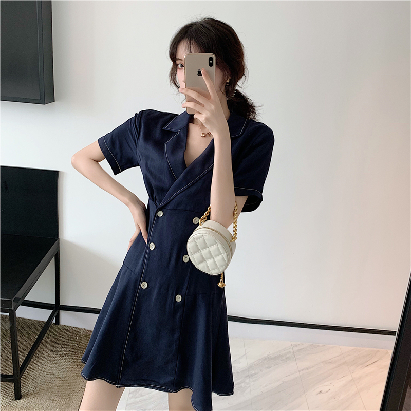 VK旗艦店 韓國風V領復古排扣時尚短袖洋裝