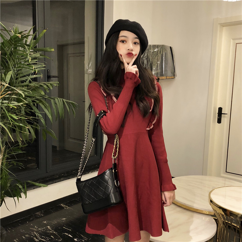 DABI 韓系荷葉邊收腰顯瘦針織長袖洋裝 DABI 韓系荷葉邊收腰顯瘦針織長袖洋裝