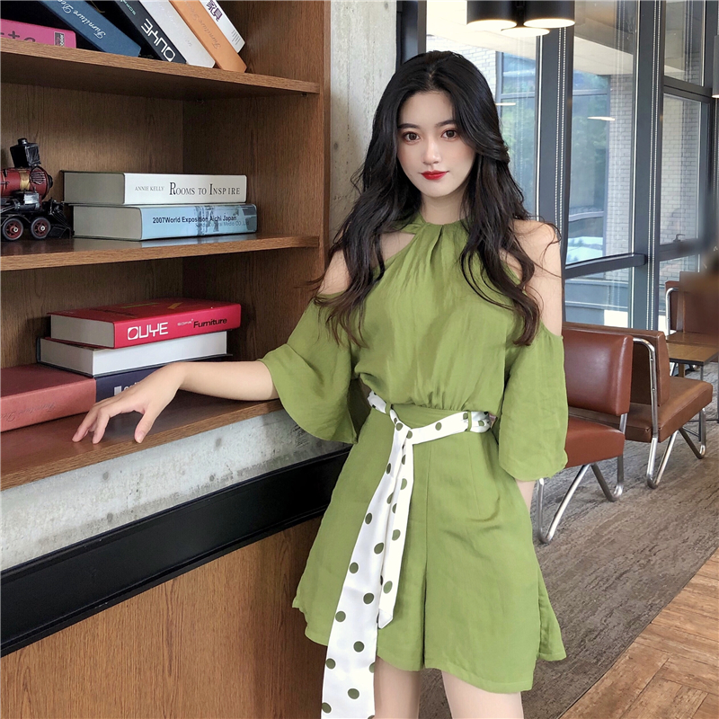 VK旗艦店 韓系露肩波點收腰系帶連身褲套裝短袖褲裝