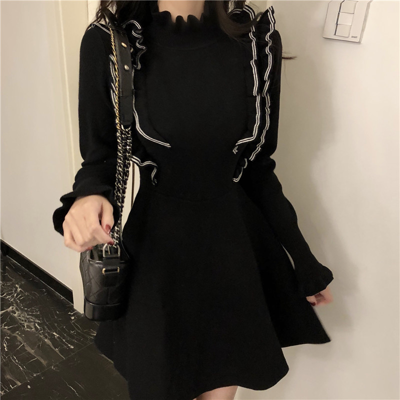 DABI 韓系荷葉邊收腰顯瘦針織長袖洋裝 DABI 韓系荷葉邊收腰顯瘦針織長袖洋裝