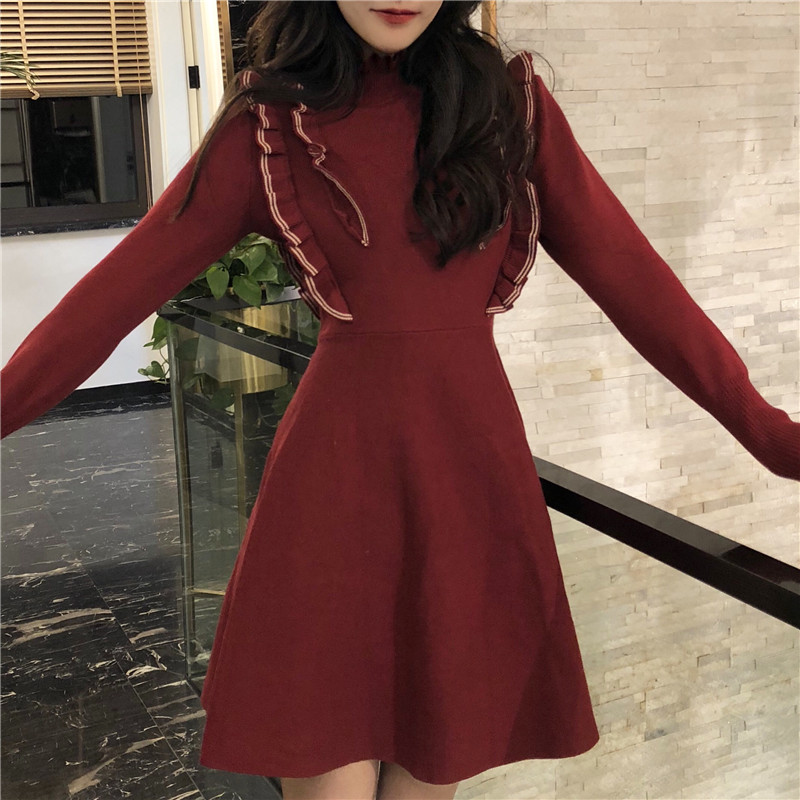 DABI 韓系荷葉邊收腰顯瘦針織長袖洋裝 DABI 韓系荷葉邊收腰顯瘦針織長袖洋裝