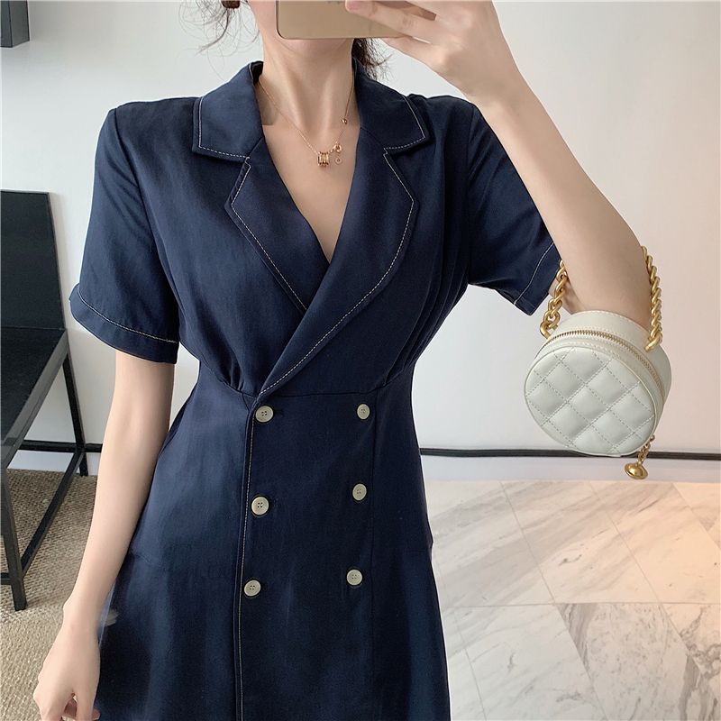 VK旗艦店 韓國風V領復古排扣時尚短袖洋裝