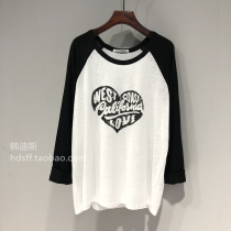 2021 early autumn Korean ulzzang New Love Letter pattern sleeve color loose cotton linen long sleeve T-shirt women