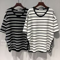 2022 Spring Summer Korea ulzzang New intercolor horizontal stripes loose Han Fan U collar Long-length T-shirt blouses woman