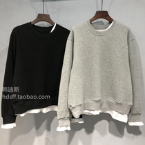 2020 winter clothing new Korean version loose thin stitching white edge chic fake two pieces plus velvet sweater top womens tide