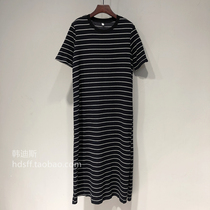 22 Spring loaded South Korea Dongdaemun New single side open fork loose Han Fan long section Horizontal Stripes Short Sleeve T Skirt Dress dress