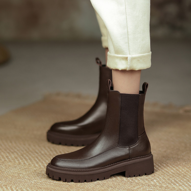 ann it perfect handwork~Chelsea boots women's short boots autumn and winter all-match leather Martin boots thick-soled chimney boots 4cm