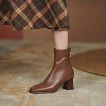 Ann it trend net red comfortable and versatile ~ French retro leather square toe thick heel short boots womens new 6CM