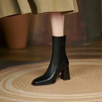 Ann it net red with the same paragraph show off long legs ~ retro leather high-heeled ankle boots womens thick-heeled knight boots 7CM