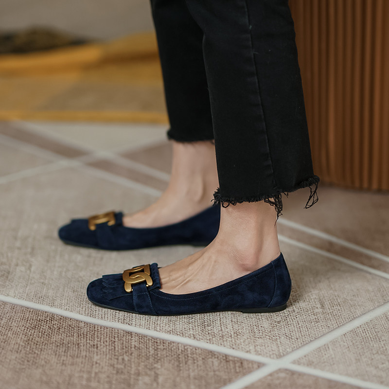 ann it is gentle and elegant ~ soft leather flow Su square head shallow mouth single shoes female metal buckle bean-bean shoes flat bottom 1CM