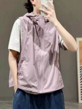 Puxi Yang style age reducing hooded vest top for women's loose casual mesh lining sleeveless zipper jacket