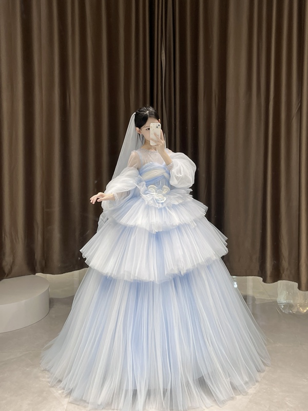 Hui Colorful Yarn Ethnic Wedding Dress Concert Competition Colorful Yarn Sky Blue Wedding Dress