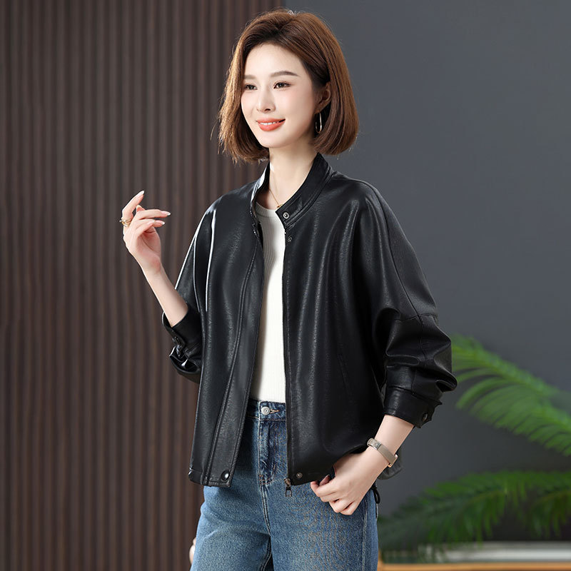 Haining Leather Jacket for Women, Spring and Autumn, Stand Collar, Casual, Plus Size, Fashionable Slim-Fit Lambskin Coat, 2025 New Model