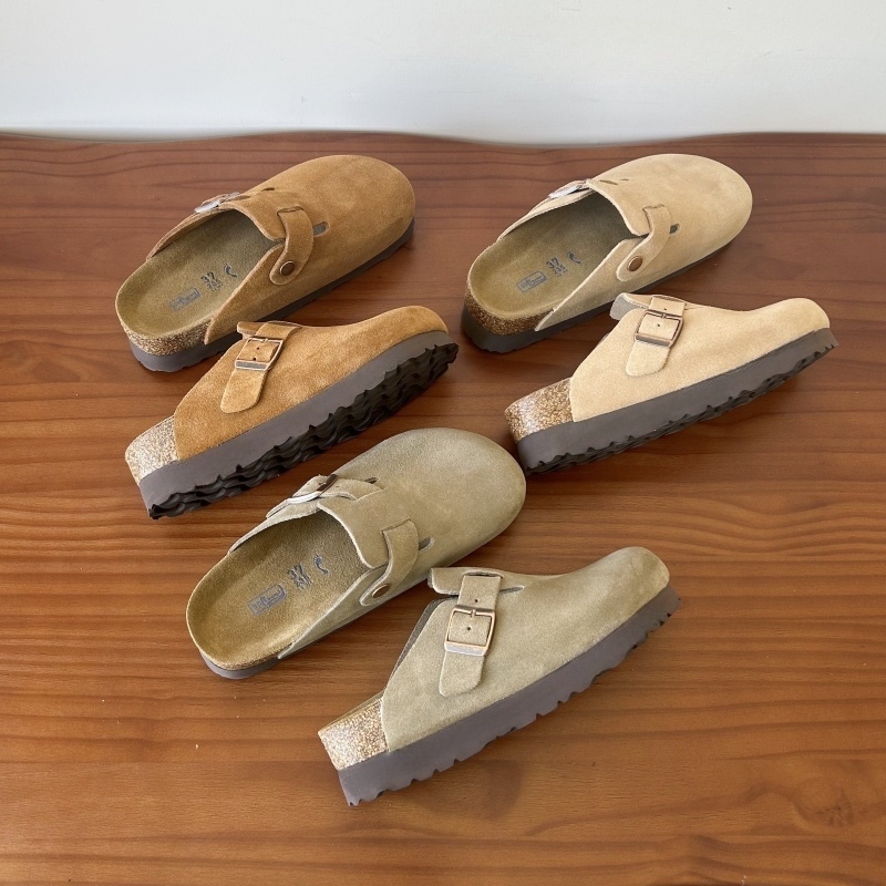 Uncle Sangpo's Genuine Leather Thick-Soled Height-Increasing Cork Leather Closed-Toe Slippers, Half-Slippers for Women, Fashionable for Spring and Summer