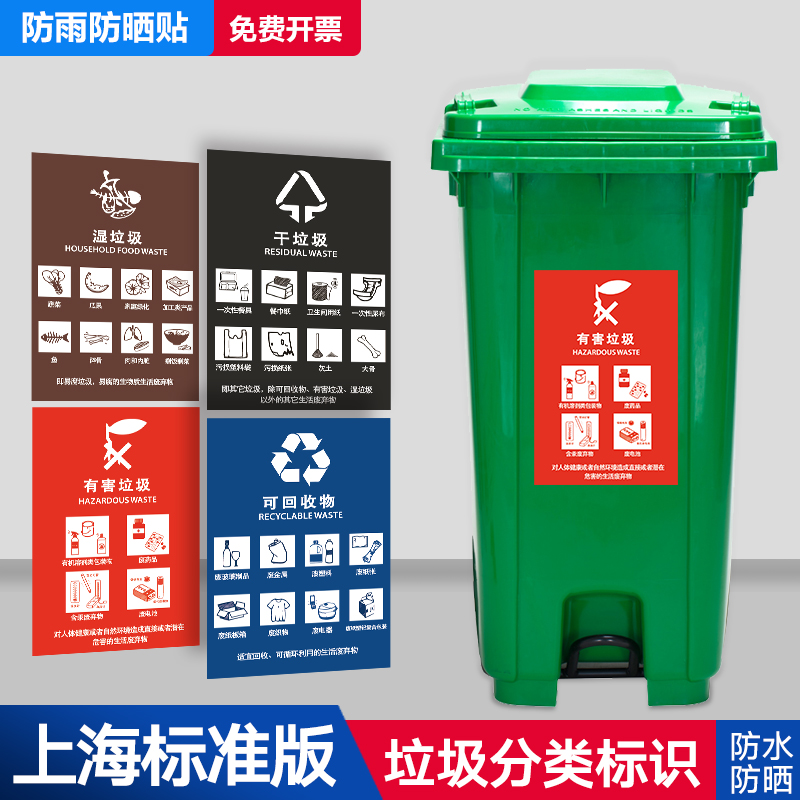 Shanghai municipal garbage classification label stickers dry and wet garbage slogan indicating recyclable and non-recyclable classification signs of Shanghai municipal household garbage classification guidance publicity wall chart