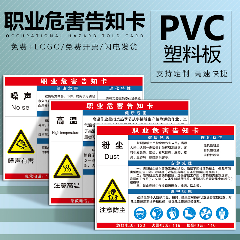 Occupational Disease Hazard Informed Card Card Noise Reminder Dust Sign High Temperature Warning Mark Card Workshop Paint Sulfate Acid Alcohol Electric Welding Safety Limited Space Risk Point Well Known Card Customization