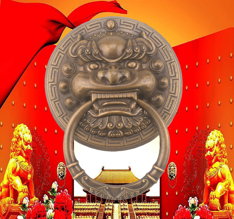 Antique pure copper door handle Chinese style villa lion head tiger head kylin beast head door handle old-fashioned wooden door pull ring