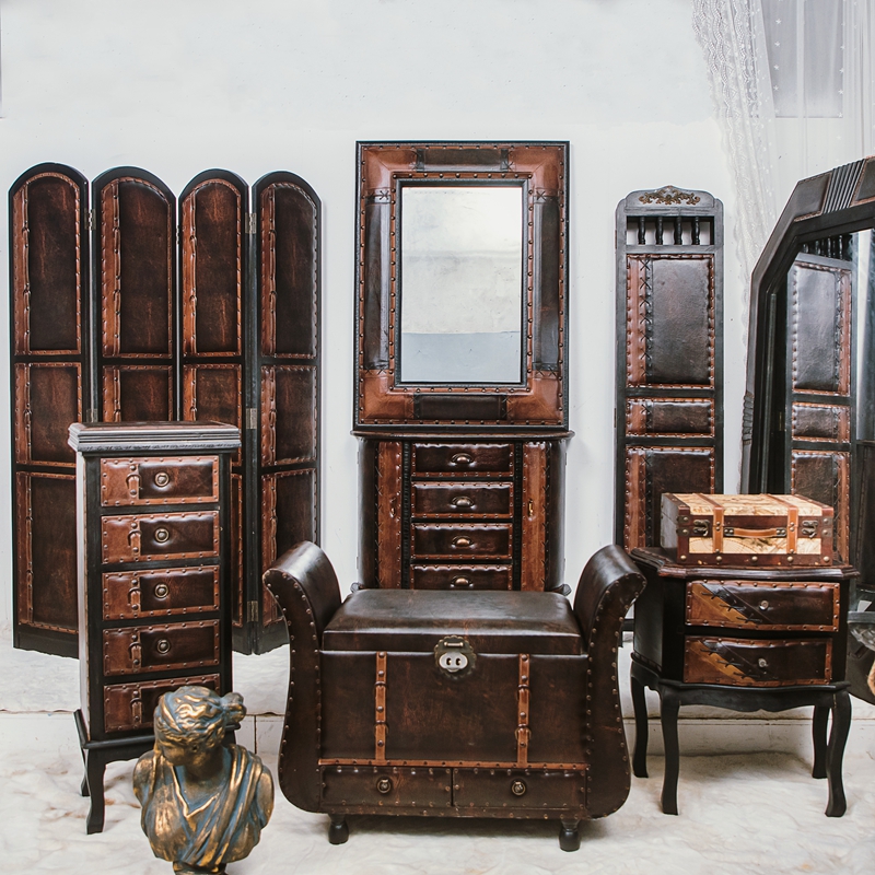 Special offer processing foreign trade original single retro furniture European and American antique wooden leather cabinet rivet craft leather antique furniture
