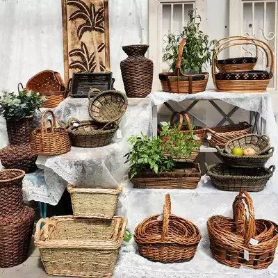 Antique rattan craft gift decoration collection hand woven grass Willow flower basket fruit plate rattan basket home decoration