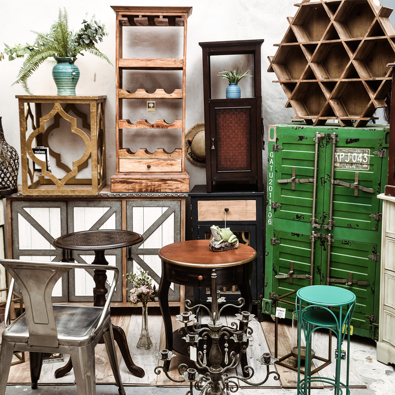 Great collection of solitary products-Canton Fair sample retro style iron art solid wood cabinet table and chairs Soft fitting furniture screen