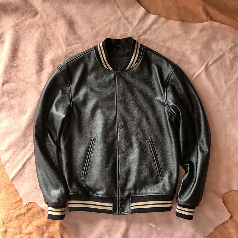 New Style First-Layer Calfskin Baseball Jacket, Spring and Autumn Cycling Jacket, Genuine Leather Jacket, Casual Pure Leather Motorcycle Leather Jacket for Men New Style First-Layer Calfskin Baseball Jacket, Spring and Autumn Cycling Jacket, Genuine Leather Jacket, Casual Pure Leather Motorcycle Leather Jacket for Men