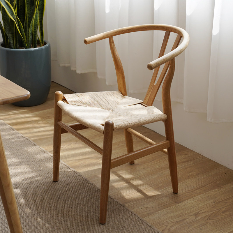 Nordic White Oak Solid Wood Dining Chair Teahouse Retro Leisure Backrest Chinese Rope Woven Chair Japanese Leather Hemp Rope Chair