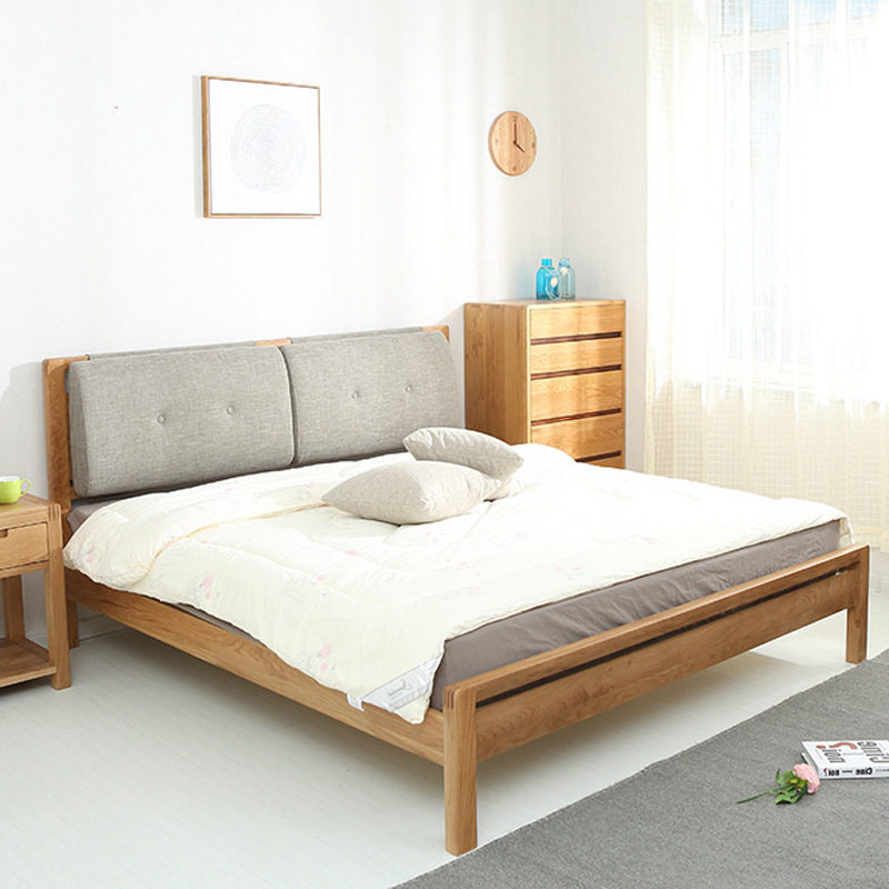 Nordic new pure solid wood bed double bed small apartment bedroom furniture modern simple white oak single back bed