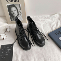 Black lacing short boots small leather boot Chains thick bottom heightening Martin boots Womens autumn Inn Wind 100 lap 2022 new