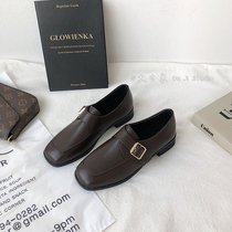2021 new small leather shoes womens vintage belt buckle loafers lazy low heel single shoes a pedal British style womens shoes