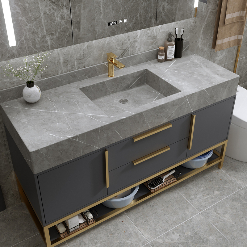 Stone slab integrated modern light luxury double-slot washbasin bathroom cabinet combination floor-mounted washbasin washbasin powder room