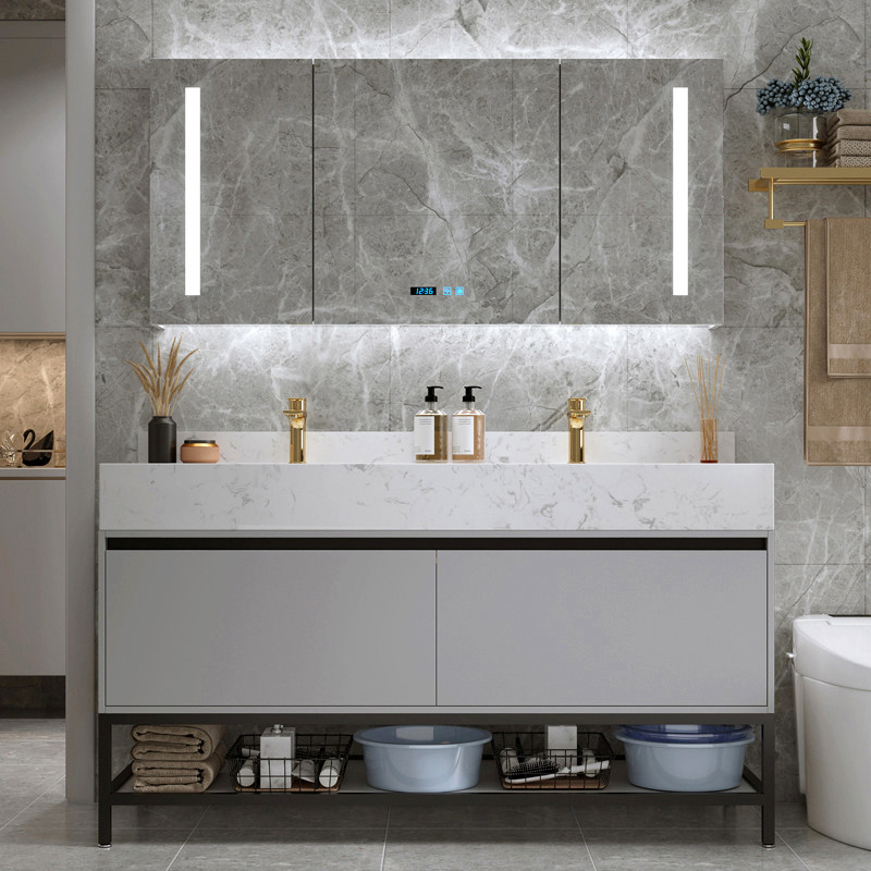 Modern minimalist double trough washbasin Bath Room Cabinet Combined Floor Wash Wash Wash Basin Wash Terrace Basin Make-up Room Rock Board