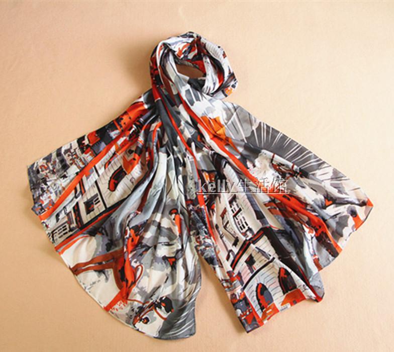 Autumn and Winter Faux Silk European and American Style Printed Beach Sun Protection Shawl, Fashionable, Warm, Long Scarf, Silk Scarf Special Offer