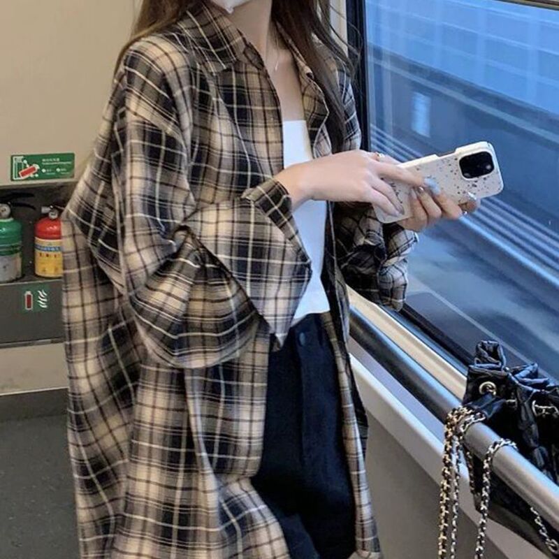 Plus Size Women's Plaid Long-Sleeved Shirt, Women's Spring and Autumn 2026 New Thin Korean Style Loose Jacket, Cardigan Top Plus Size Women's Plaid Long-Sleeved Shirt, Women's Spring and Autumn 2026 New Thin Korean Style Loose Jacket, Cardigan Top