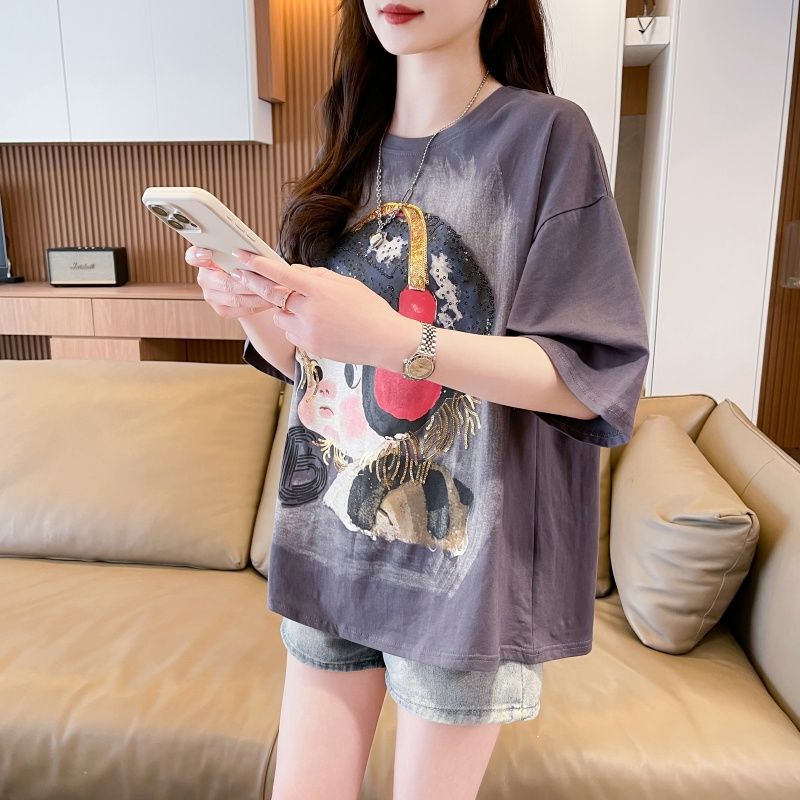 2025 New Design Heavy Sequin Cartoon Print Pure Cotton Short-Sleeve T-Shirt for Women, Summer Loose Casual Top