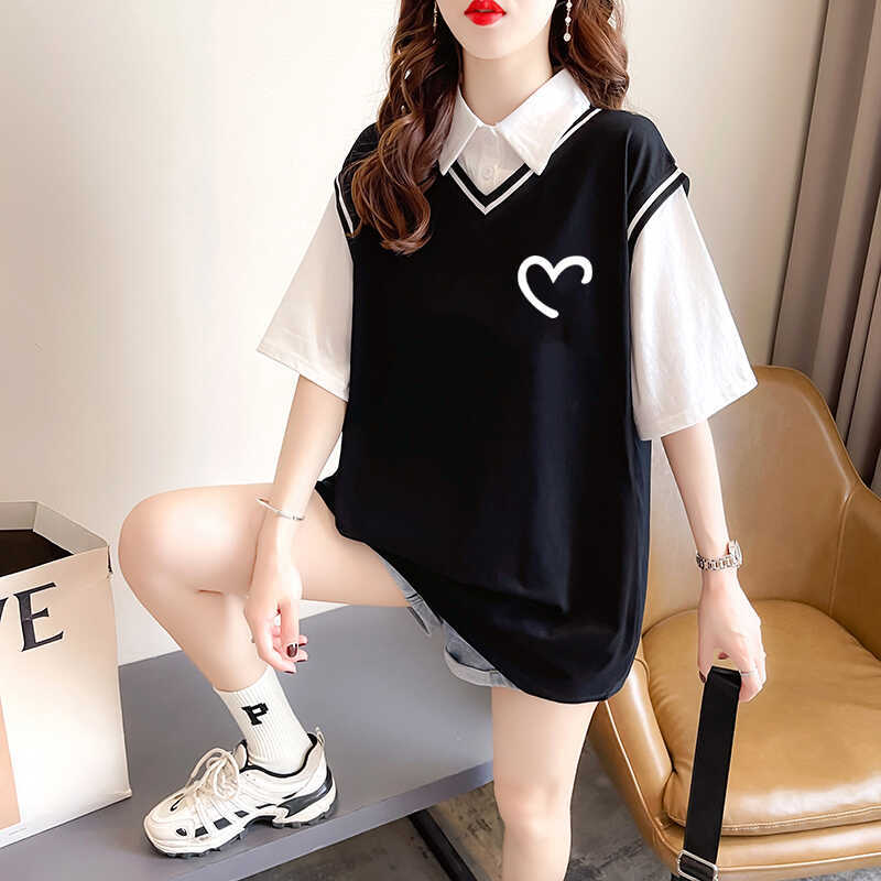 Polo Collar Fake Two-Piece Pure Cotton Short-Sleeved T-Shirt for Women, Summer 2024 New Style, Loose, Casual, Stylish, Age-Reducing Top