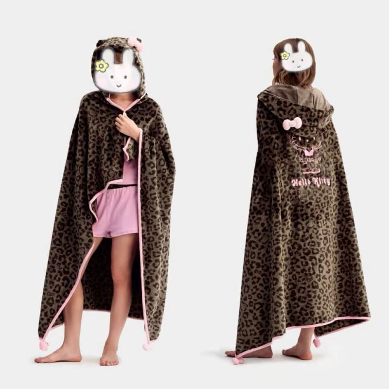 Limited Edition Kitty Bow Element Leopard Print Hooded Multi-Purpose Shawl Cloak Blanket Living Room Office Nap Blanket