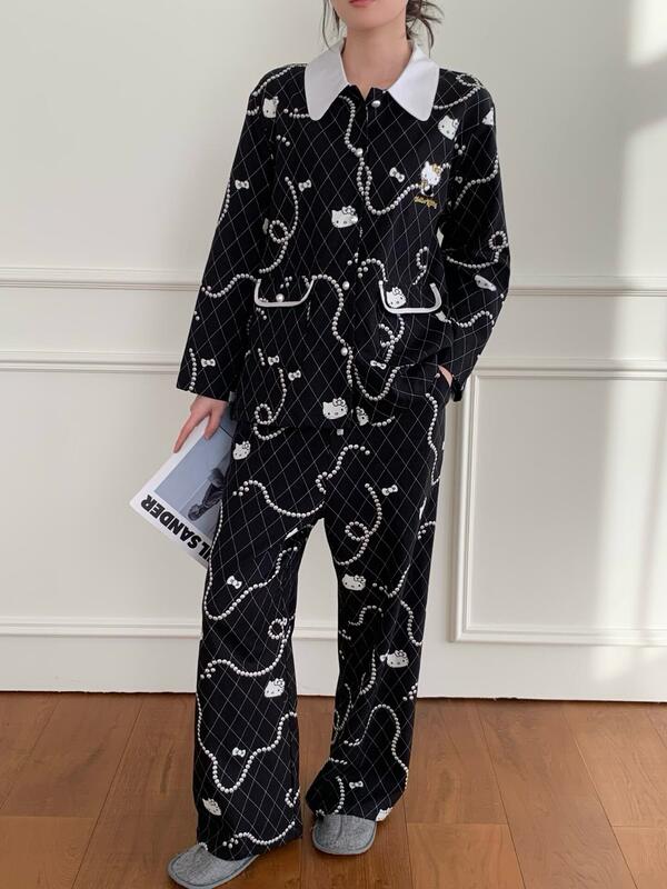 Song Yuqi's Same Style Kitty Black Gold Platinum Tencel Cotton Bead Chain Candy Loungewear Set That Can Be Worn Outside as Pajamas