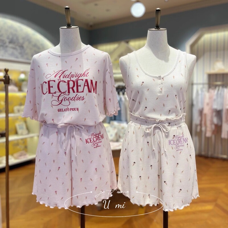 New~Three-Piece Set~Gp Waffle Ice Cream Short-Sleeve Top + Tank Top + Shorts Pajamas Women's Loungewear Set Japanese Style