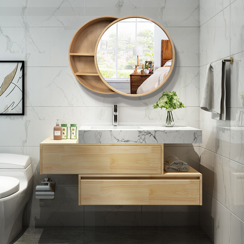 Qu Li bathroom mirror cabinet combination Oak combination Washstand Wash basin Wash basin Push-pull round mirror cabinet combination