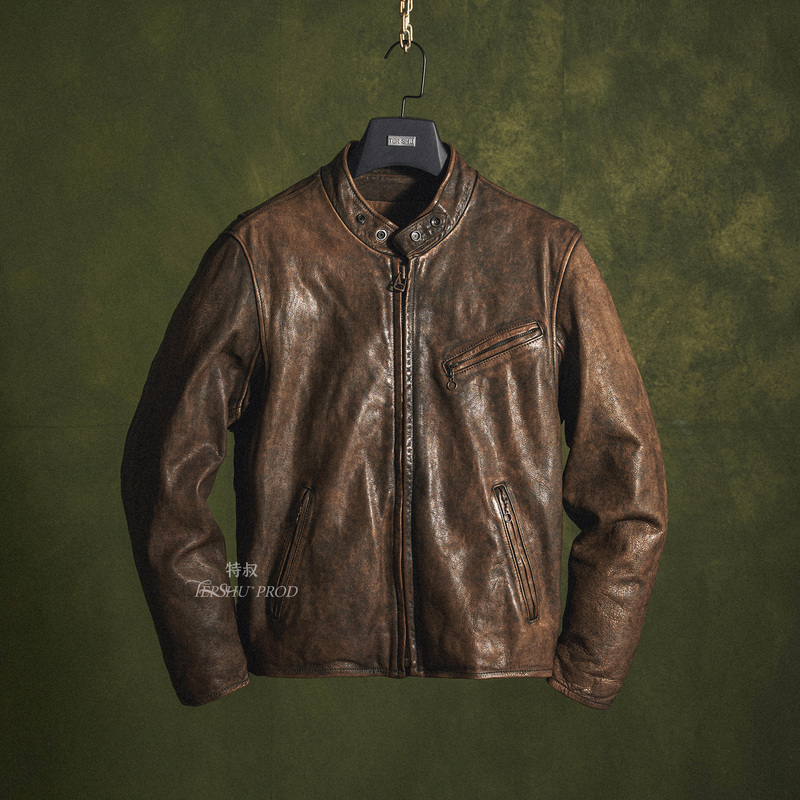 Uncle Te's Vintage Tea Core Distressed Biker-Style Stand Collar Casual Genuine Leather Jacket Men's Short Riding Leather Coat Uncle Te's Vintage Tea Core Distressed Biker-Style Stand Collar Casual Genuine Leather Jacket Men's Short Riding Leather Coat