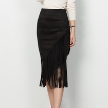 Deer velvet suede tassel elastic medium long hip skirt high gloss imitation leather plus velvet stretch tassel