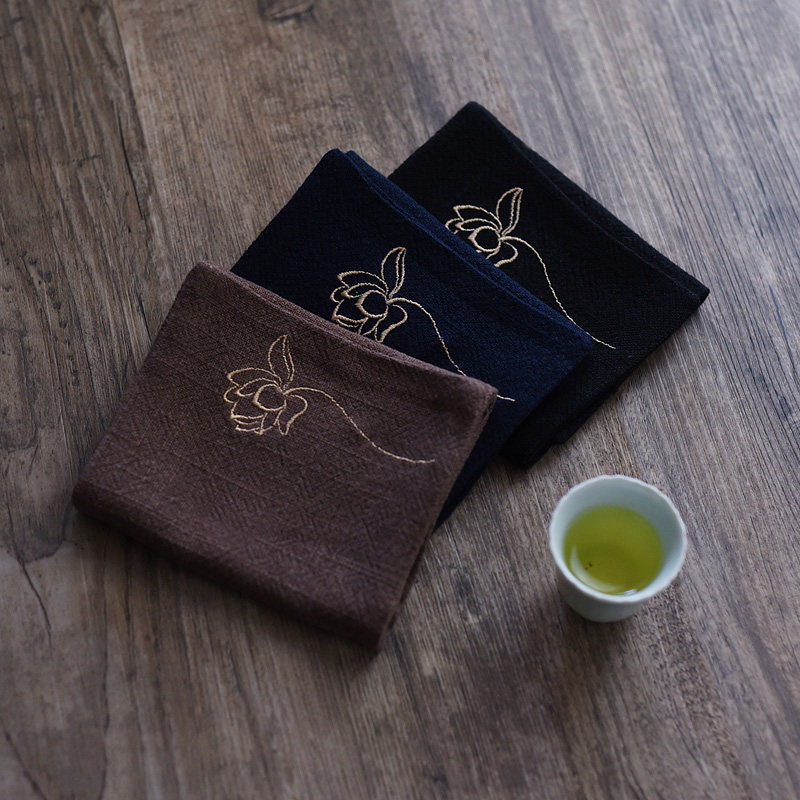 Chinese style zen cotton linen embroidered lotus tea towels water-absorbent thickened tea table cloth rag tea table cloth raising pot heat insulation mat-Taobao