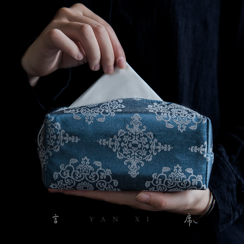 Chinese-style tissue box fabric Zen home desktop paper box light luxury imitation silk high-end tea room tissue storage cloth set